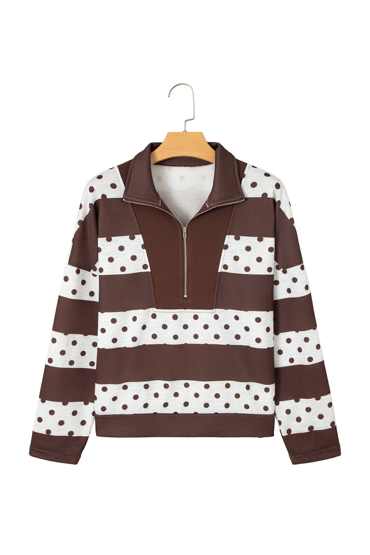 Brown Stripe Patchwork Polka Dot Accent Quarter Zip Long Sleeve Top