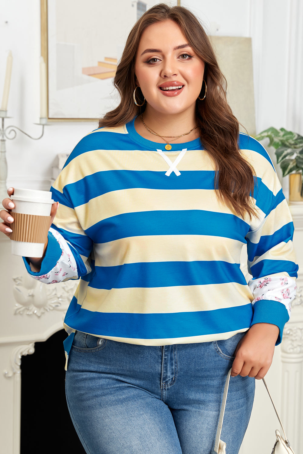 Blue Stripe Floral Color Block Drop Shoulder Plus Size Pullover Top