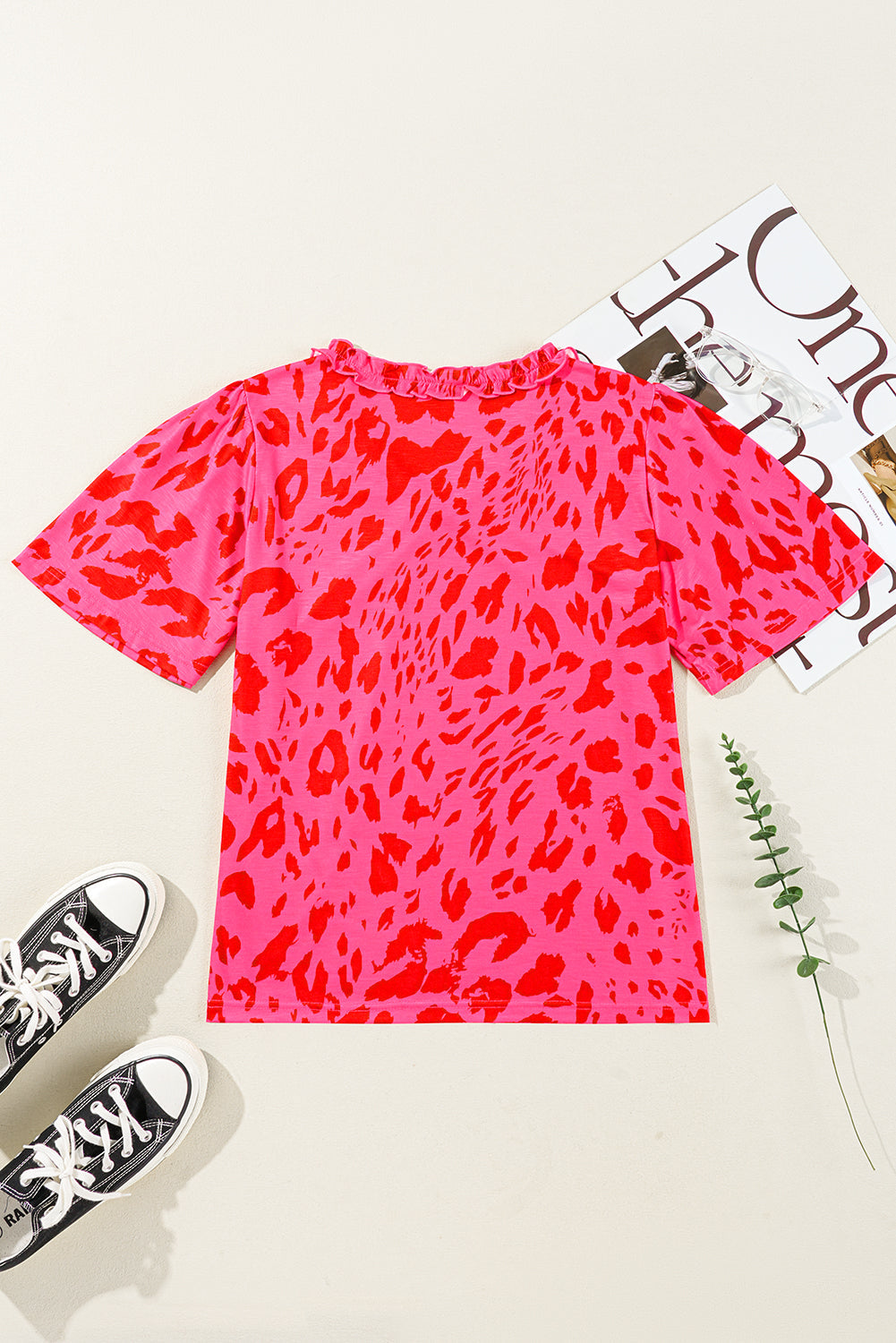 Leopard Frilly V Neck Short Sleeve Blouse