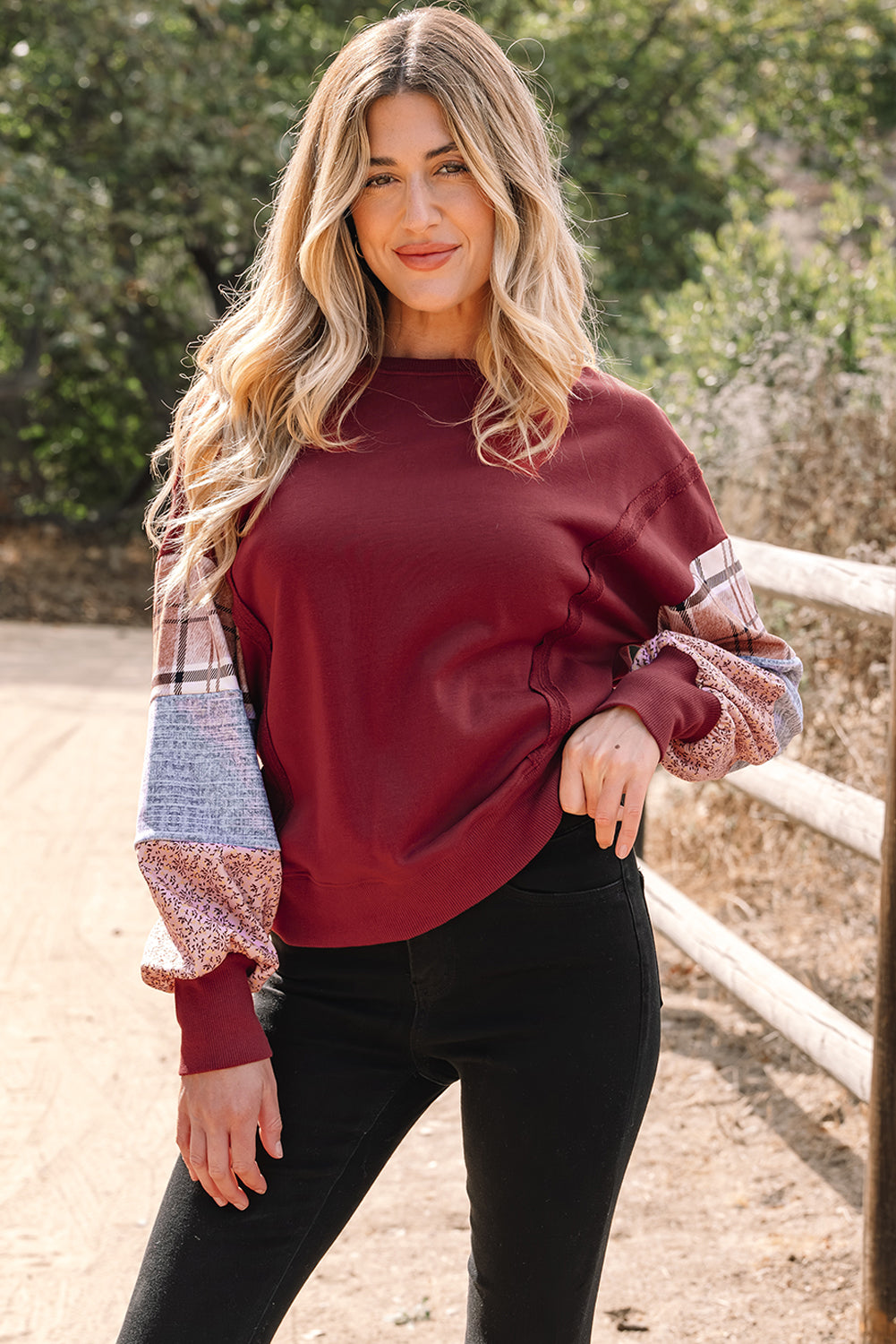 Plaid Colorblock Patchwork Sleeve Raw Seam Sweatshirt