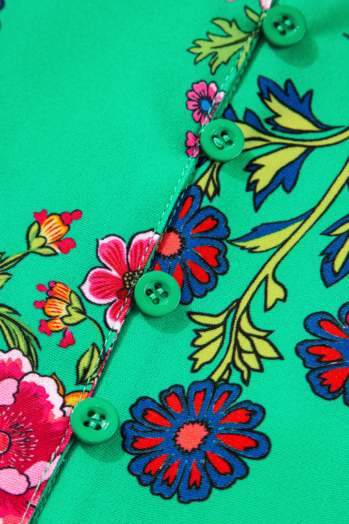 Robe mini boutonnée à volants et manches trois-quarts fleuries