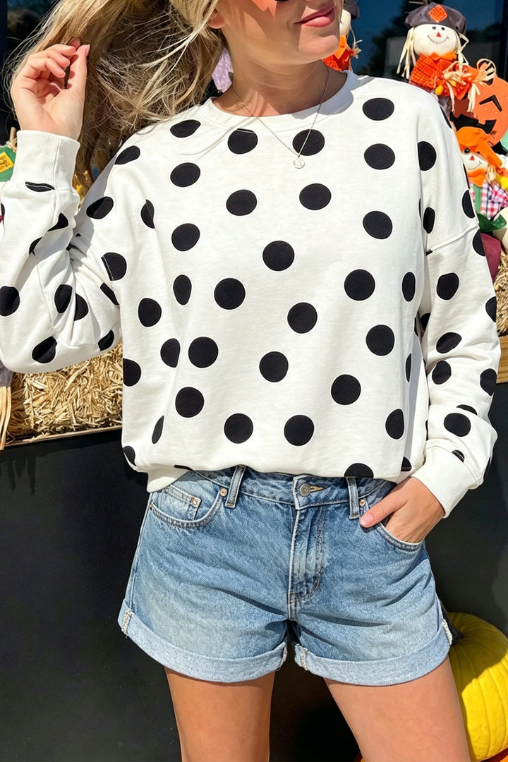 Beige Casual Polka Dot Round Neck Pullover Sweatshirt