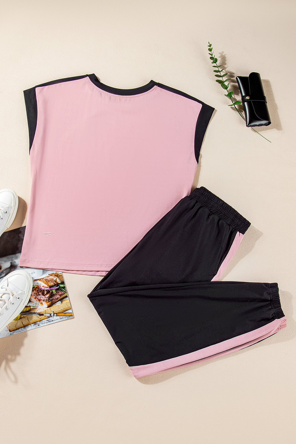 Pink Color Block Trim 2 Tone Contrasted Tank and Pants Set