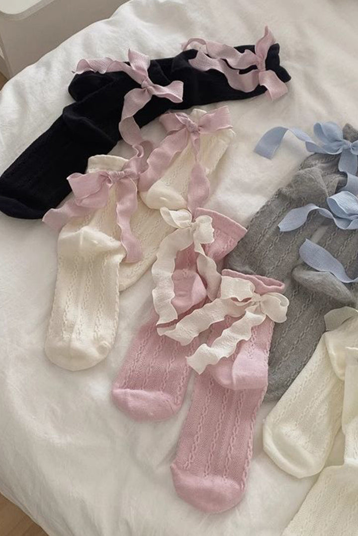 5 paires de chaussettes en tricot texturé avec nœud en ruban contrasté