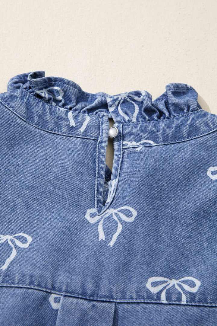 Blue Frilled Collar Flutter Sleeve Denim Top