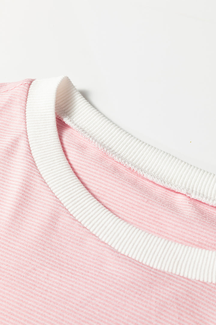 Pink Stripe Contrast Edge Patchwork Long Sleeve Top