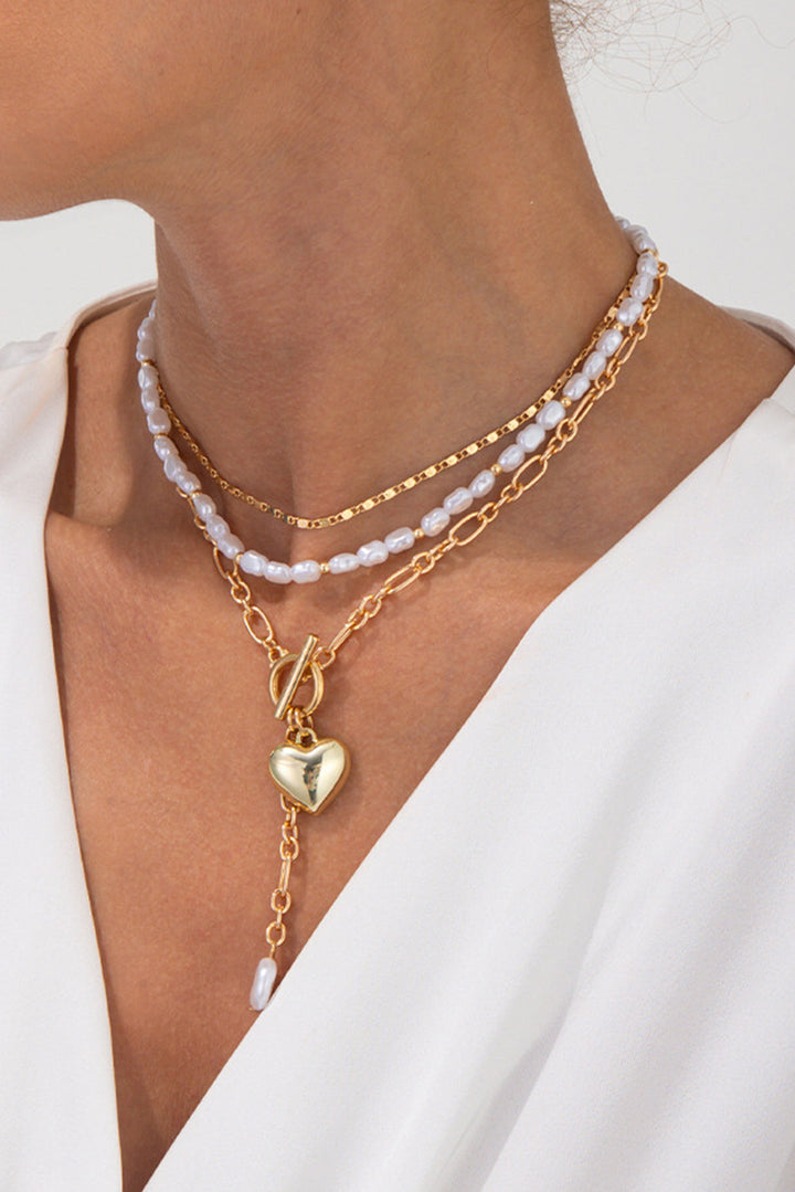 Plated Heart Charm Pearl Chain Layered Necklace
