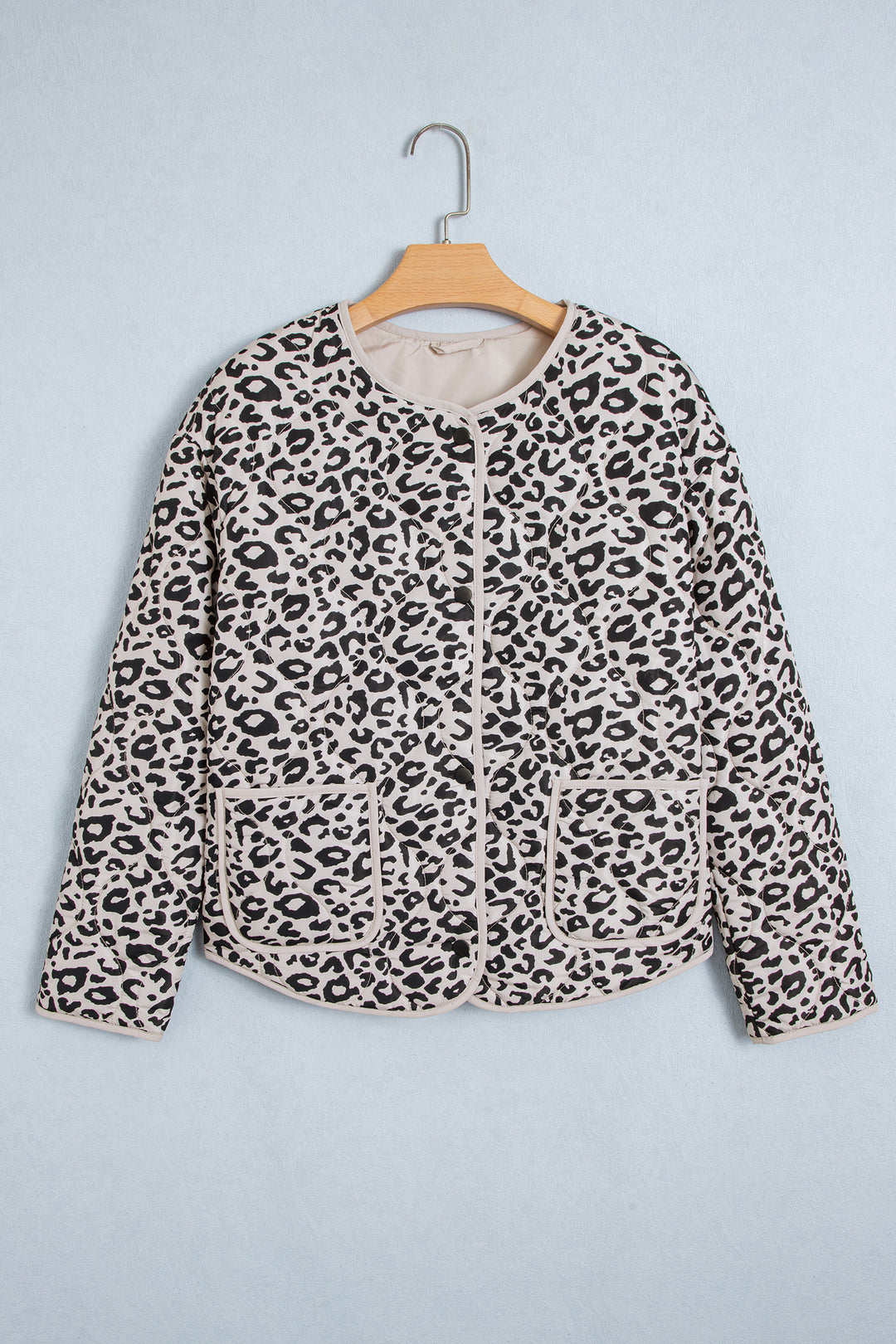Khaki Leopard Print Patch Pockets Binding Tape Long Sleeve Regular Fit Jacket