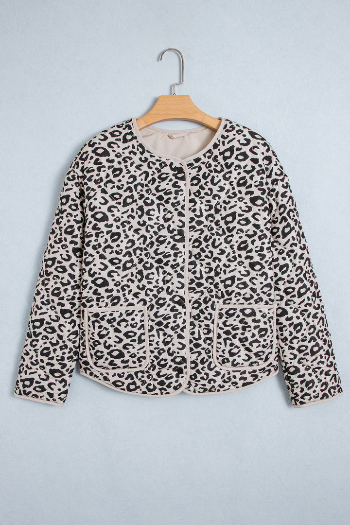 Khaki Leopard Print Patch Pockets Binding Tape Long Sleeve Regular Fit Jacket