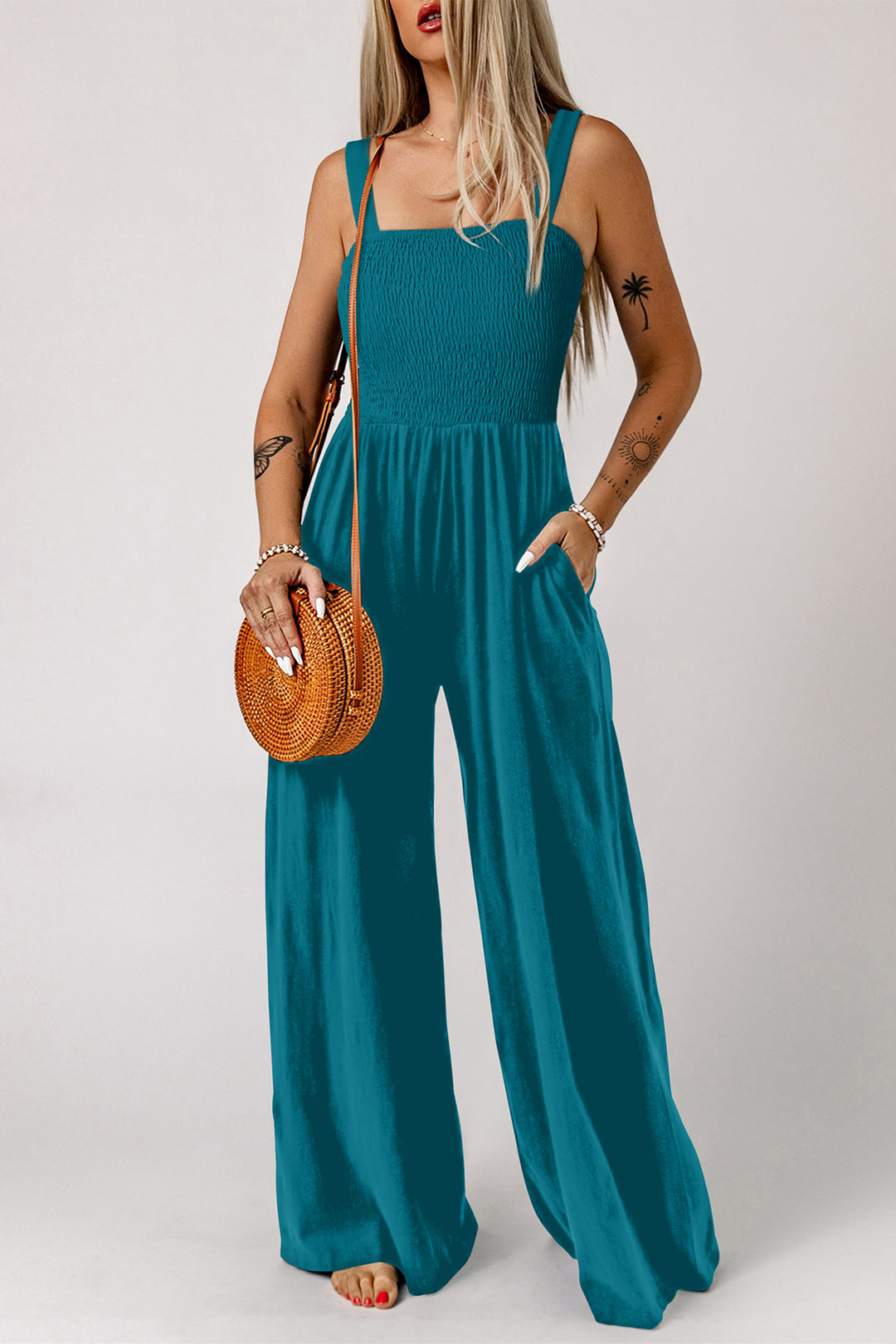 Peacock Blue Smocked Square Neck Sleeveless Jumpsuit with Pockets