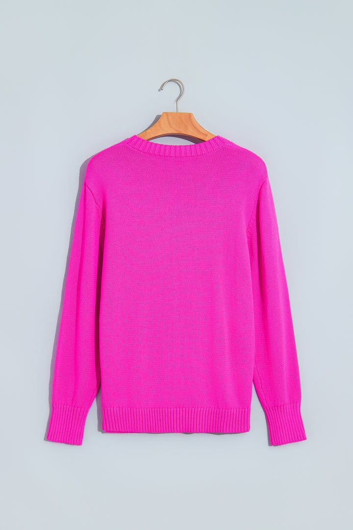 Rose Red Merry Print Ribbed Trim Round Neck Loose Fit Sweater