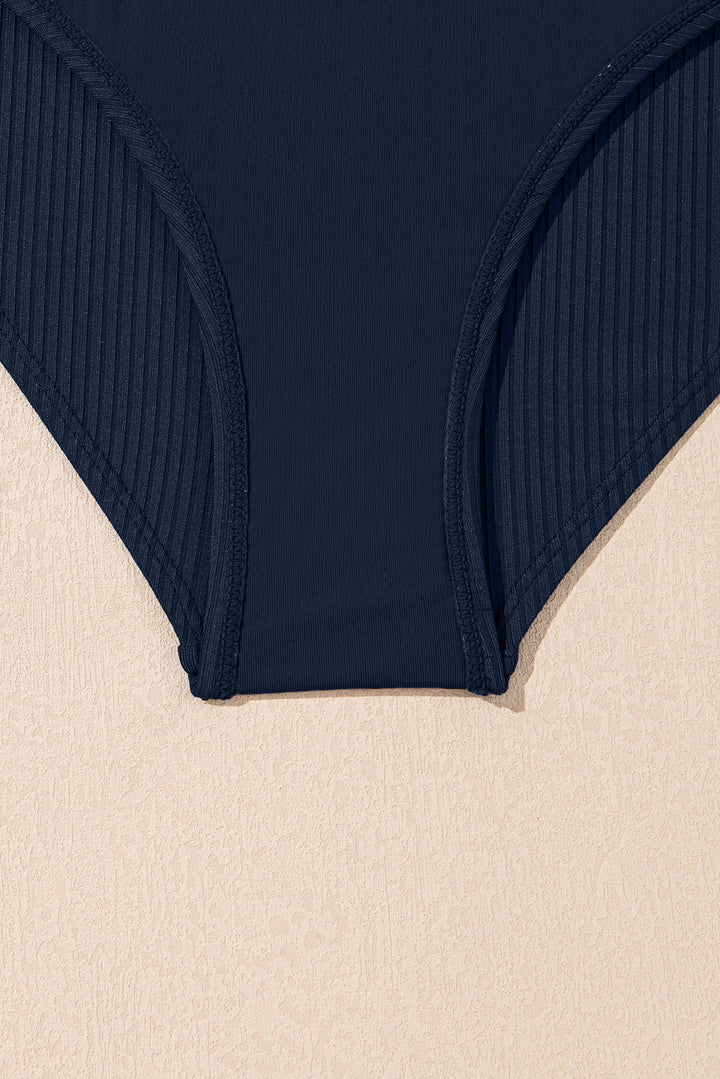 Navy Blue Ribbed Knit Crossed Detail Tank Skort 2pcs Swimsuit