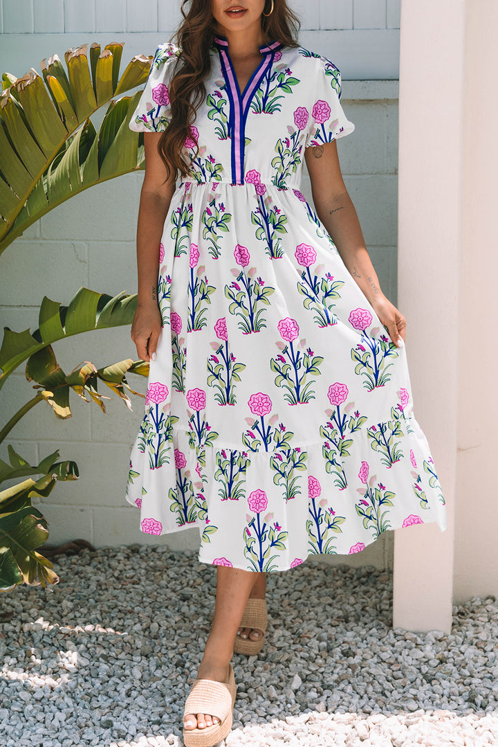 Chic White Floral Puff Short Sleeve V Neck Maxi Dress