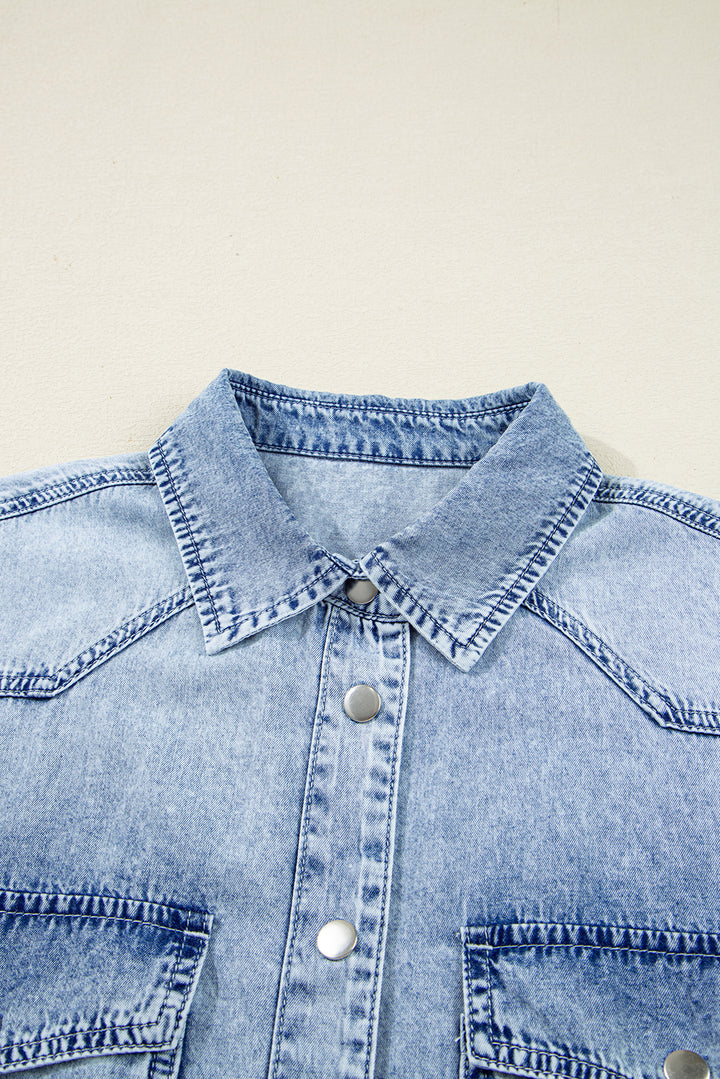 Chest Pocket Raw Hem Denim Loose Shirt Dress