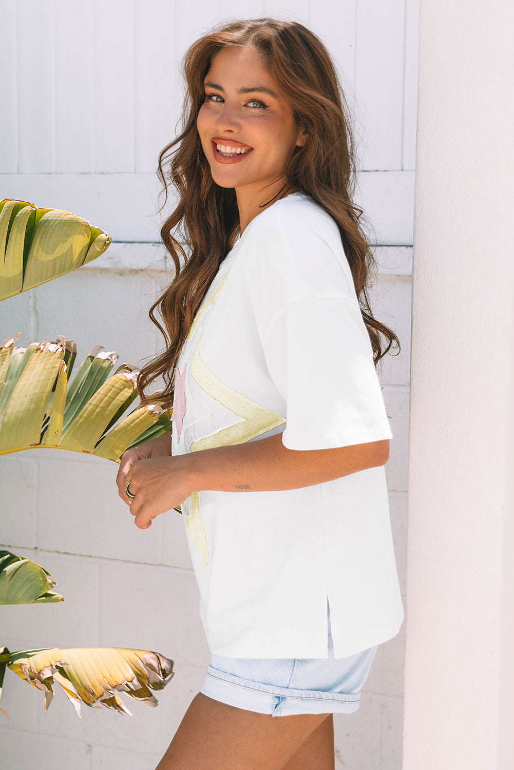 Star Layered Patched Graphic Drop Shoulder Half Sleeve Loose Tee