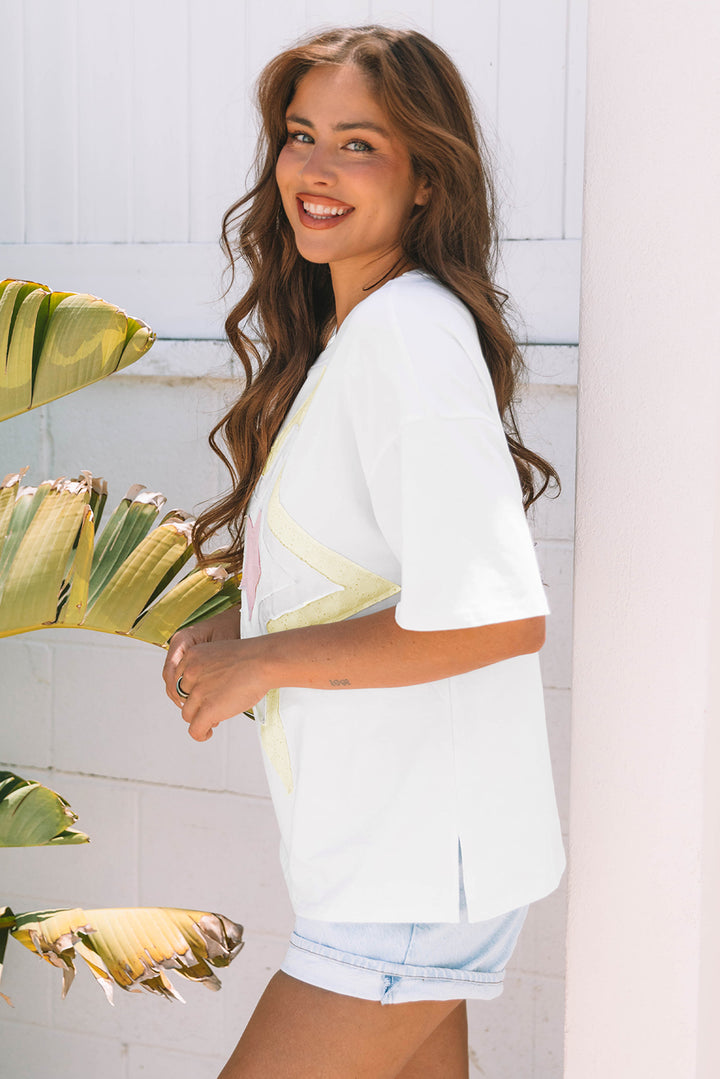 Star Layered Patched Graphic Drop Shoulder Half Sleeve Loose Tee
