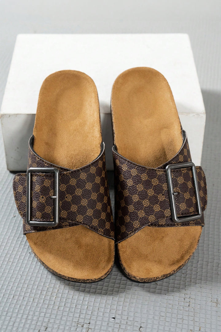 Retro Geometric Print Buckle Strap Flat Slippers