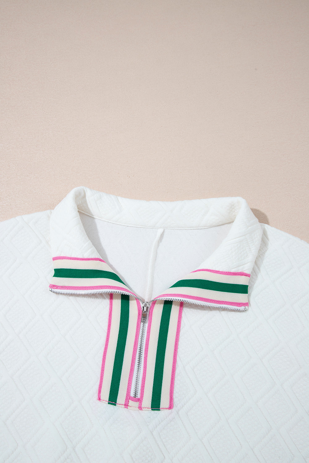 White Contrast Striped Collar Patchwork Textured Half Sleeve Blouse