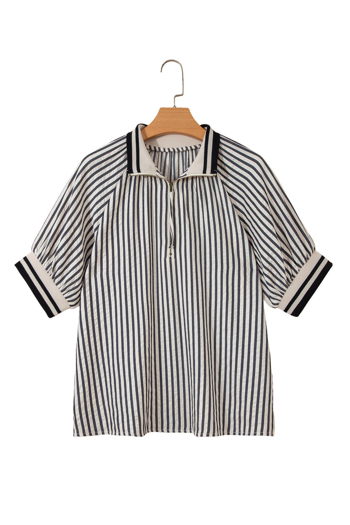 Black Stripe Polo Collar Half Zip Short Puff Sleeve Blouse