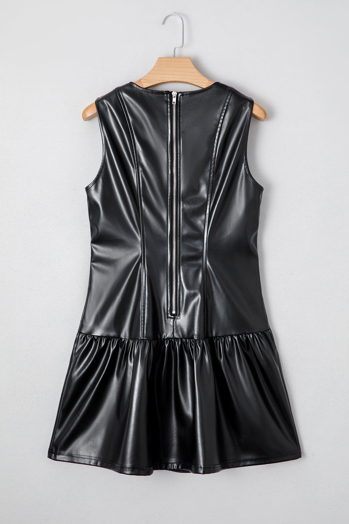 Faux Leather Ruffle Hem Sleeveless Mini Dress