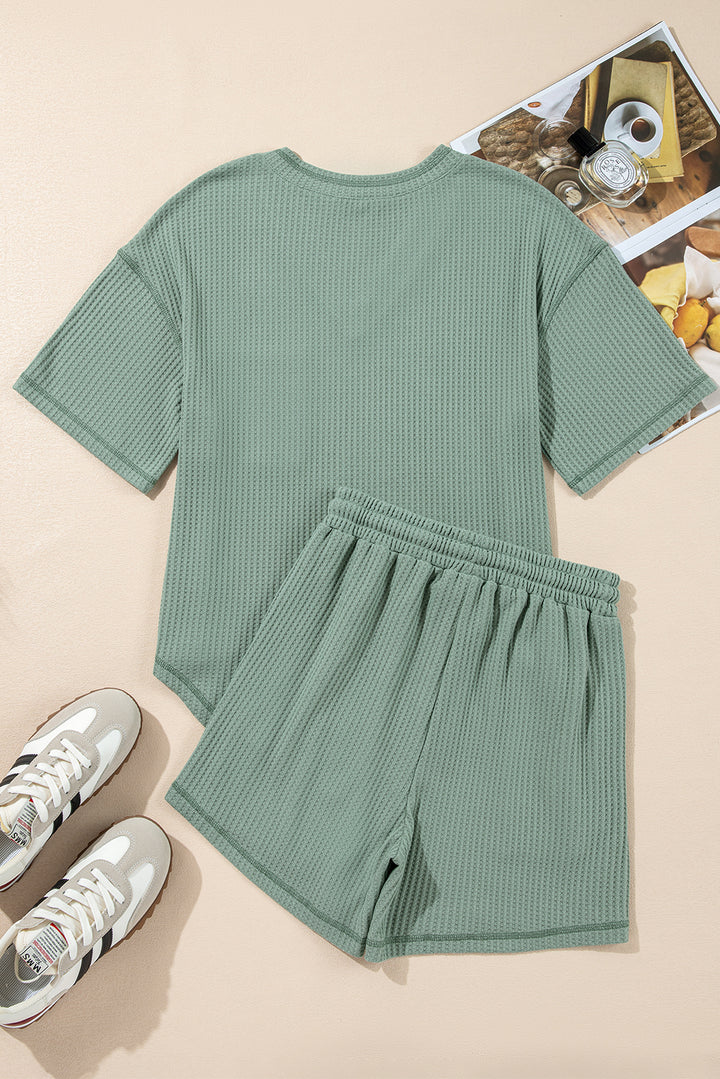 Green Solid Color Waffled V Neck Loose Tee Drawstring Shorts Set