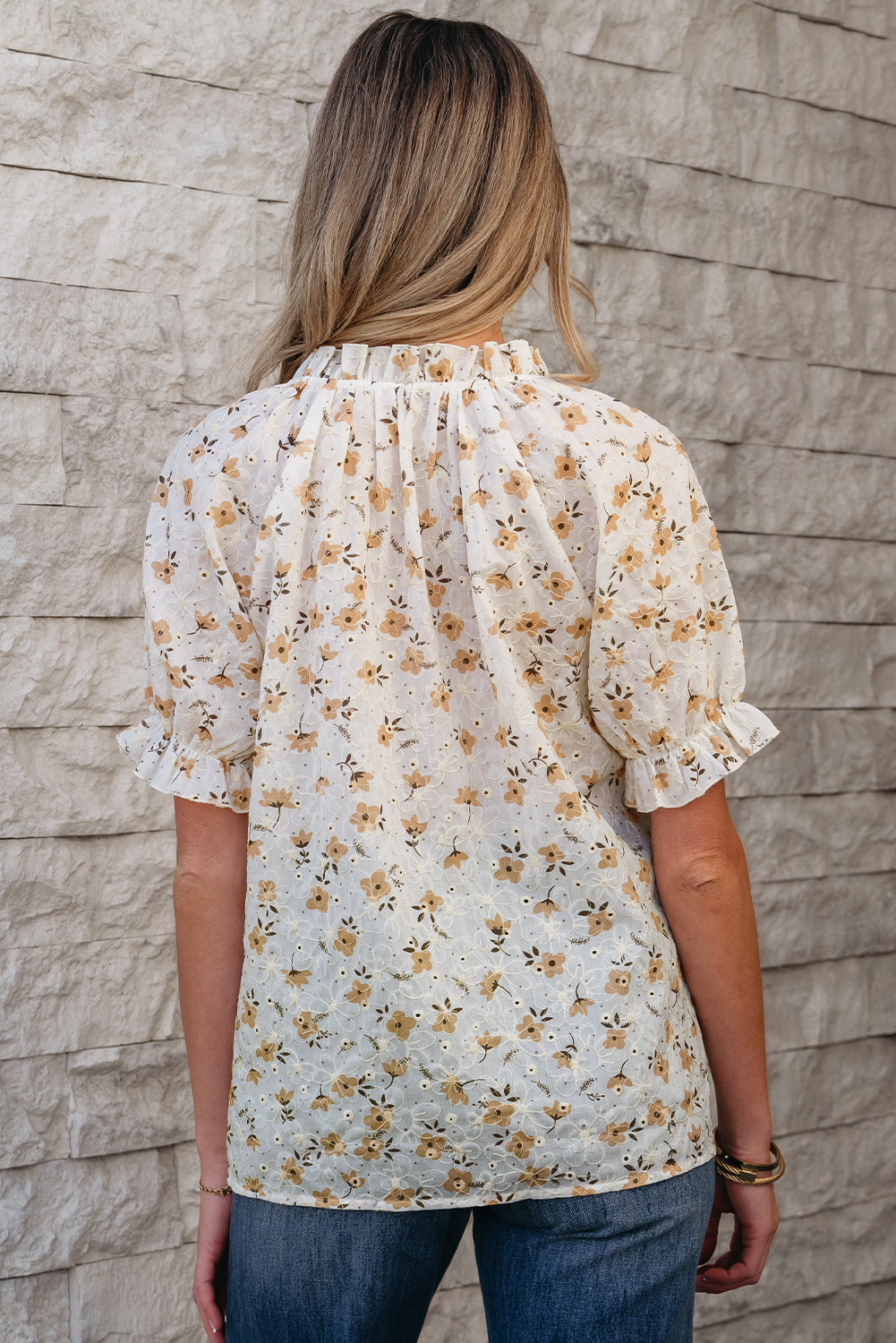 Floral Eyelet Embroidered Puff Sleeve Notch V Neck Blouse
