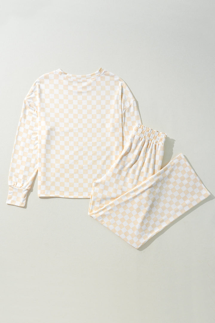checkered print long sleeve top and pants lounge set 1