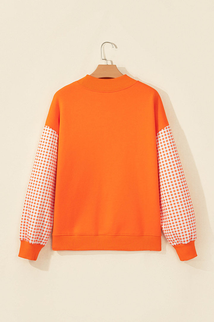 Russet Orange Plaid Sleeve Colorblock Loose Tunic Sweatshirt