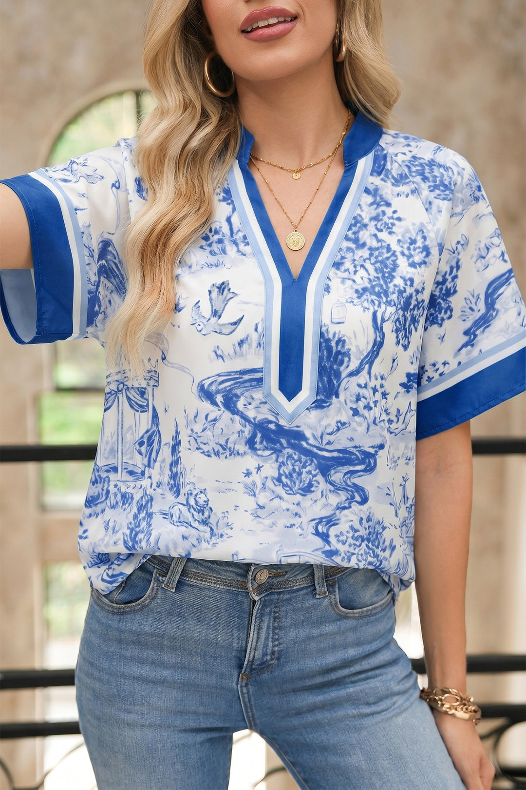 Blue Wild Animal Paradise Contrast V Neck Raglan Sleeve Blouse