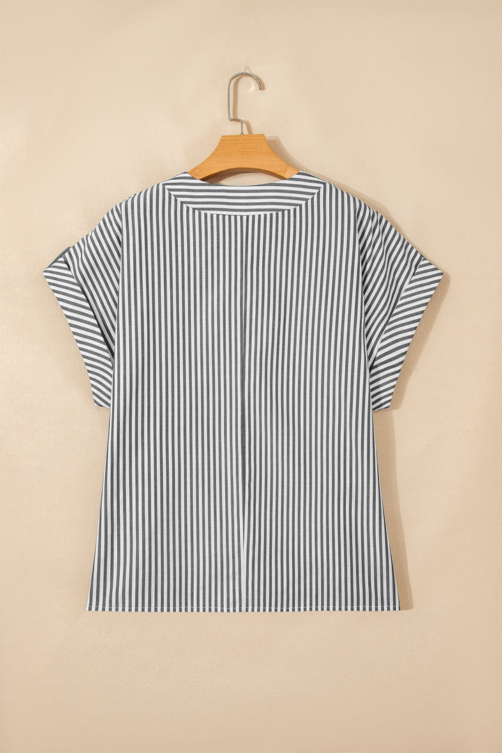 Black Stripe Plus Size V Neck Roll-tab Short Dolman Sleeve Blouse