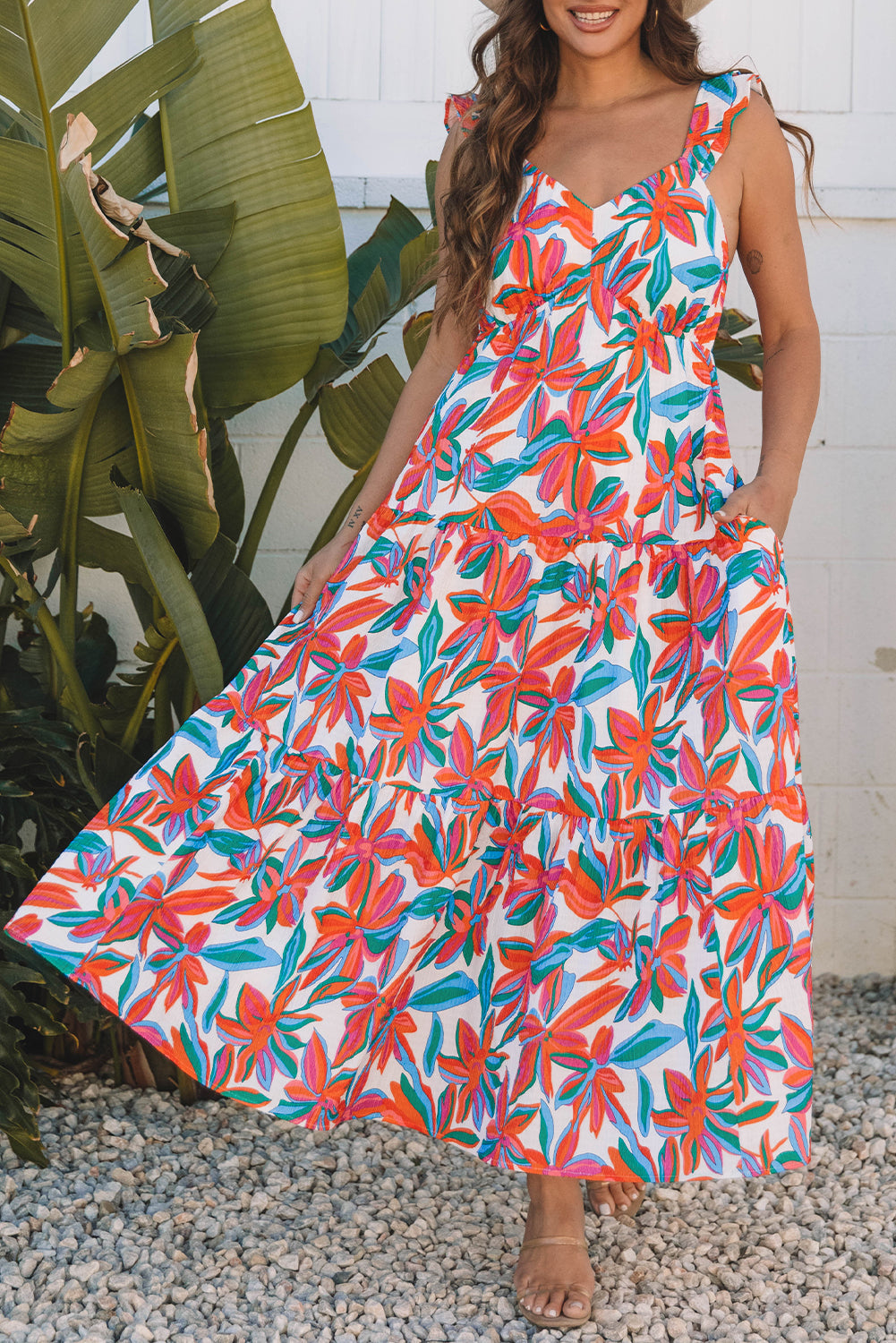 boho floral ruffled strap v neck maxi dress