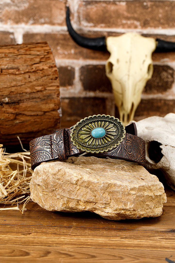 Ceinture en similicuir gaufré à décor de plaque turquoise rétro