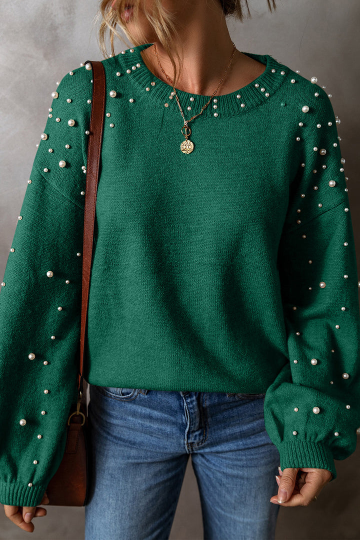 Pearled Drop Shoulder Round Neck Sweater