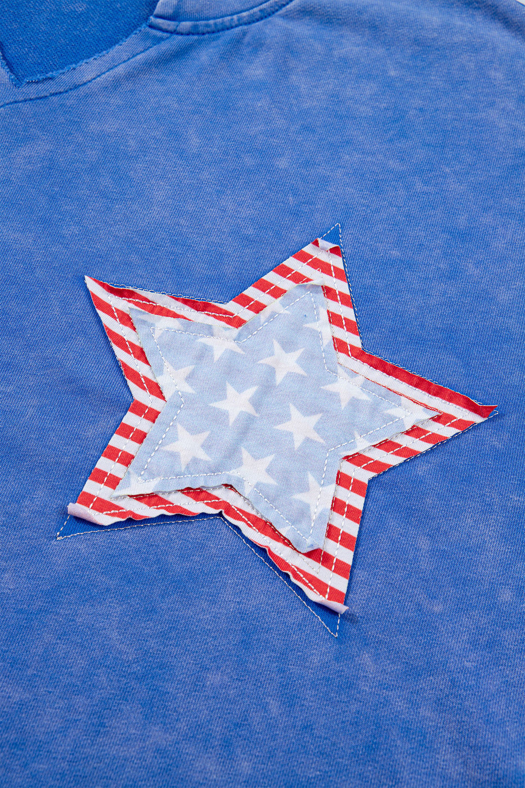 Sky Blue Patriot Star Patched Notched Neck Mineral Washed Tee