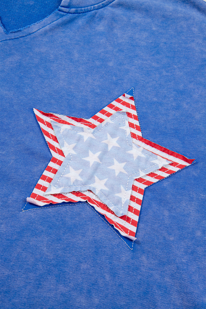Sky Blue Patriot Star Patched Notched Neck Mineral Washed Tee