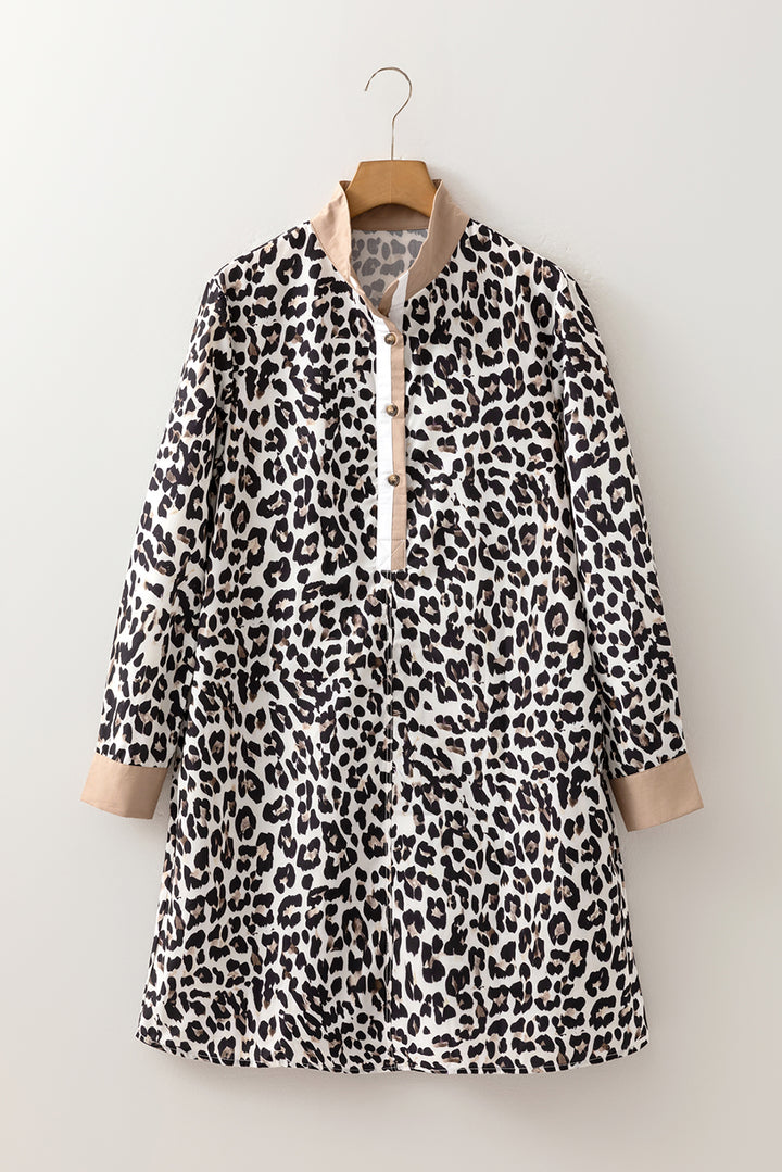 Button Striped Collar Leopard Print Long Sleeve Flared Dress
