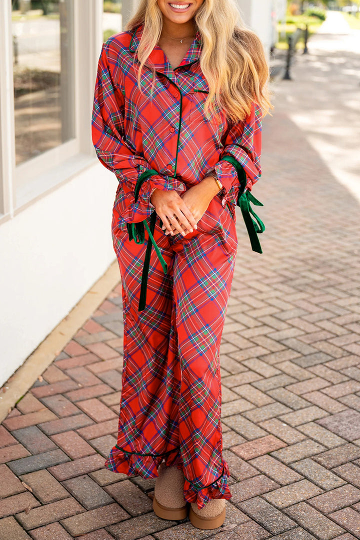 Fiery Red Christmas Plaid Satin Pajama Set with Contrast Velvet Ties