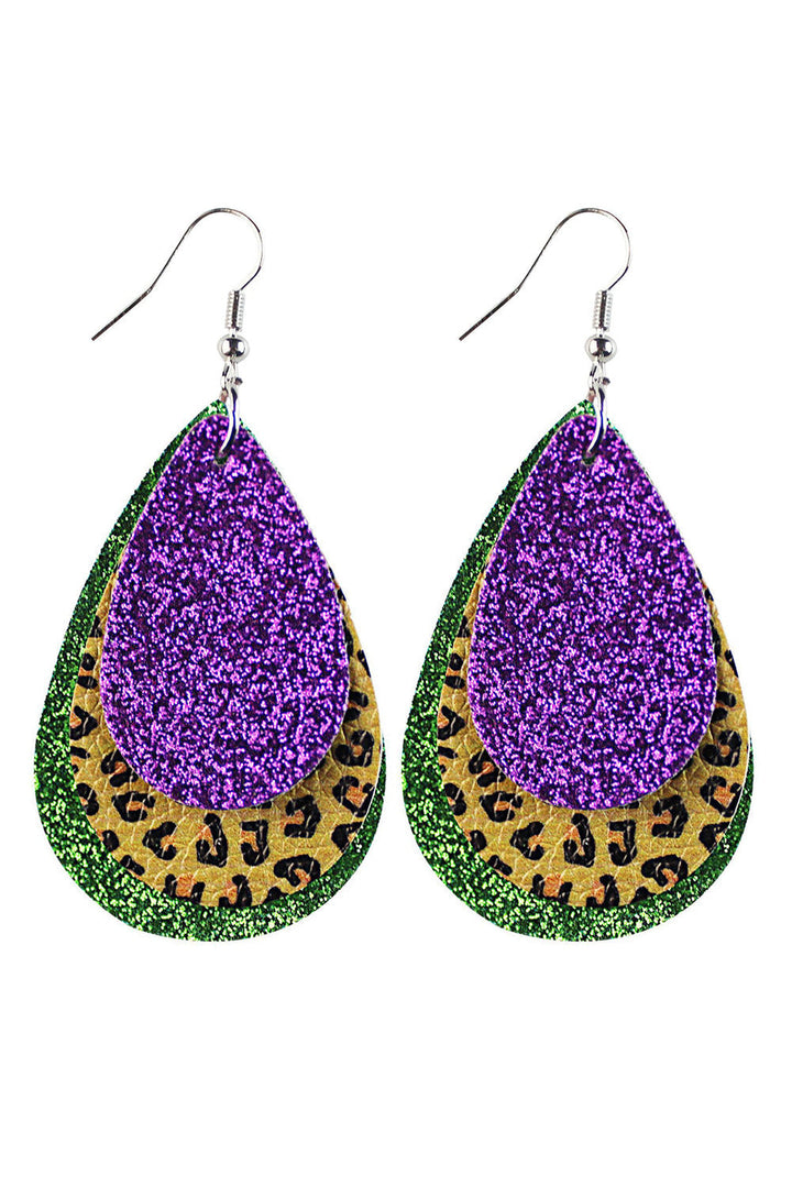 Boucles d'oreilles goutte d'eau Mardi Gras à paillettes et léopard