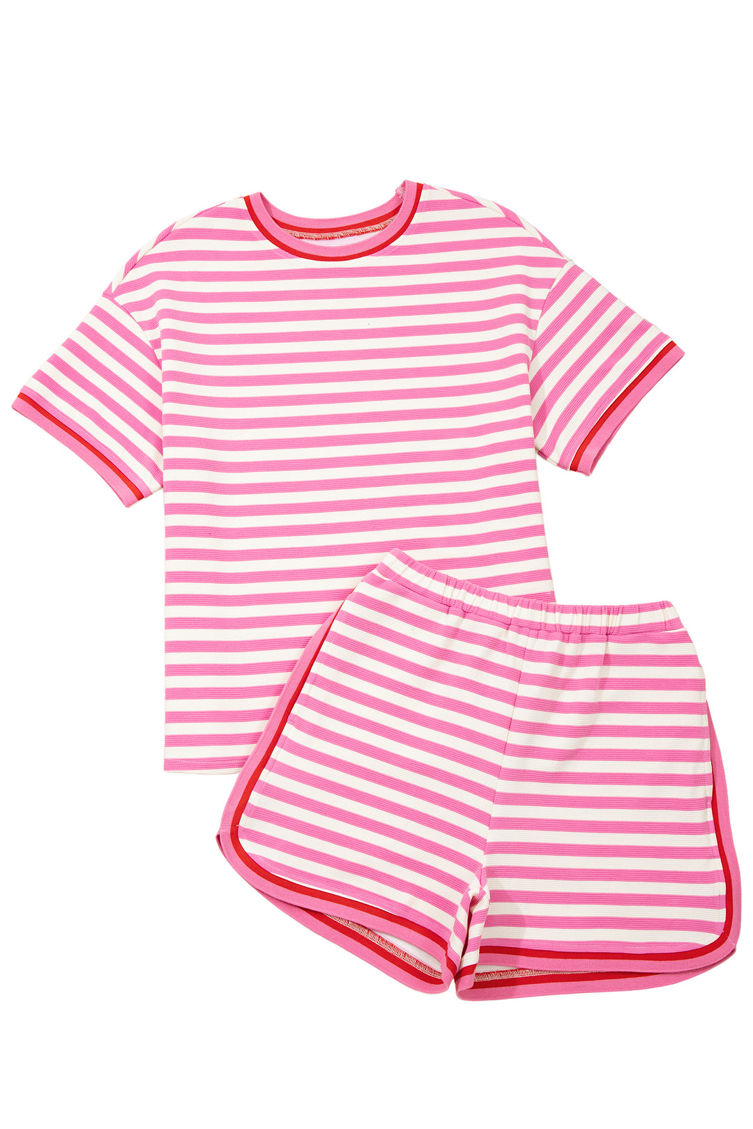 Pink Stripe Contrast Trim Short Sleeve Top Loose Shorts 2pcs Casual Outfit