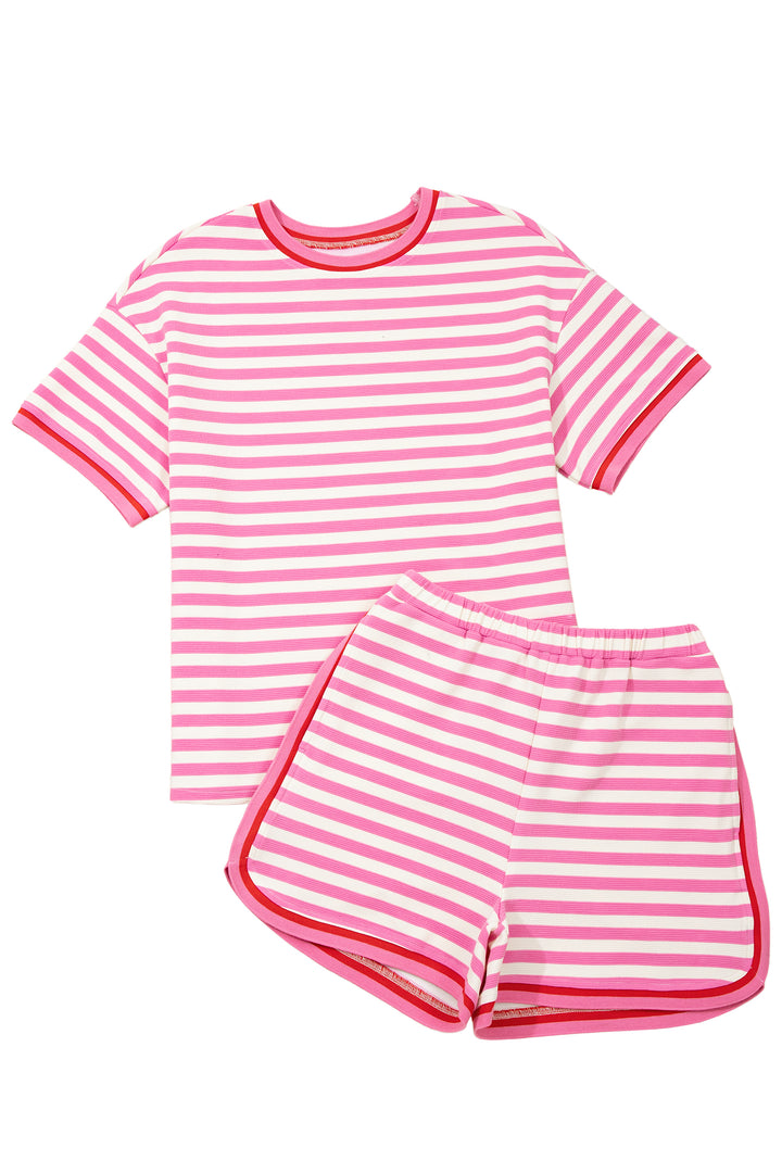 Pink Stripe Contrast Trim Short Sleeve Top Loose Shorts 2pcs Casual Outfit