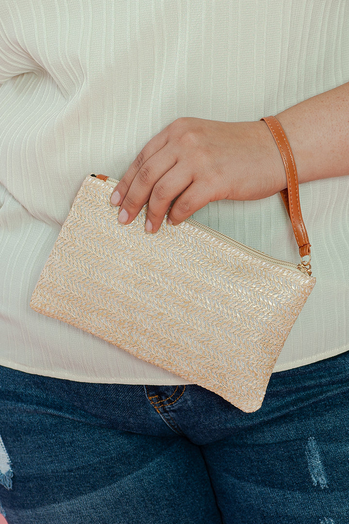 Straw Woven Wrist Strap Zipper Large Wallet