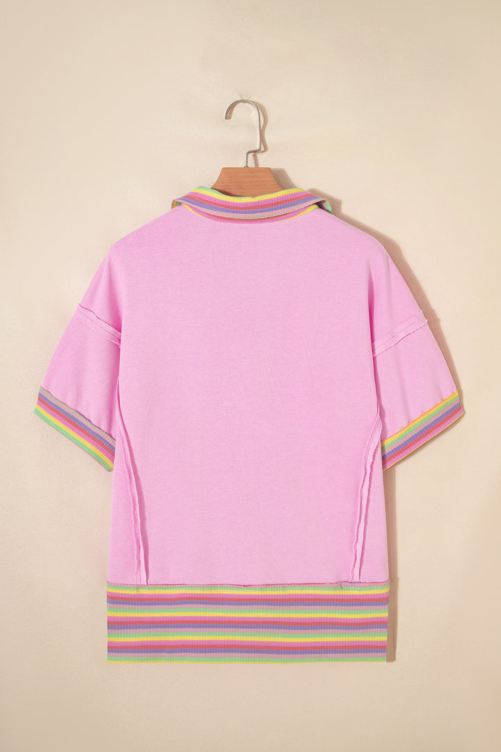 Pink Rainbow Stripe Ribbed Patchwork Raw Seam Oversize Polo Tee