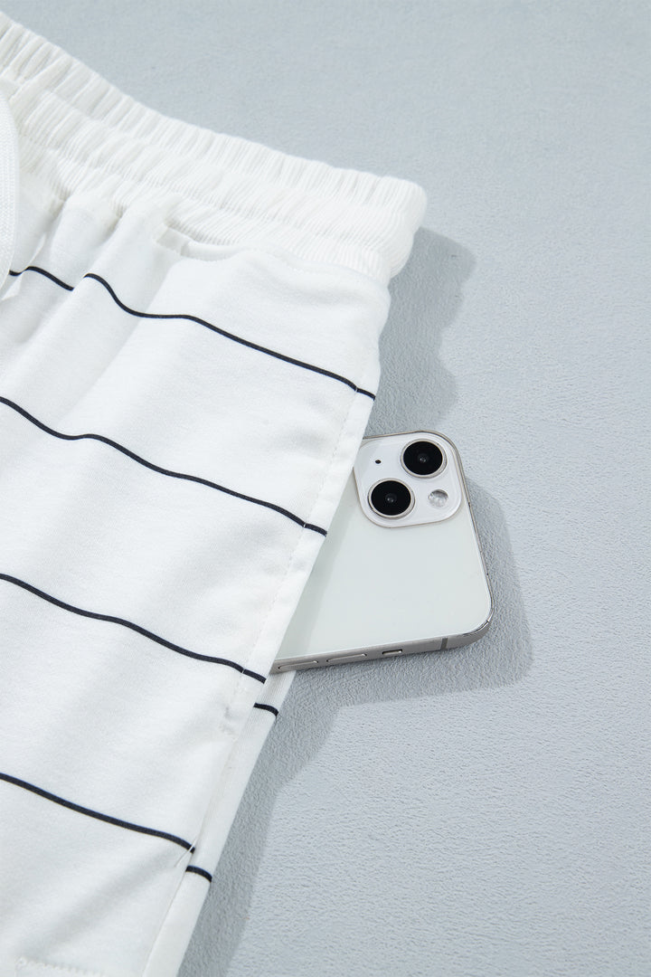 White Stripe Half Sleeve Tee Drawstring Shorts 2pcs Set