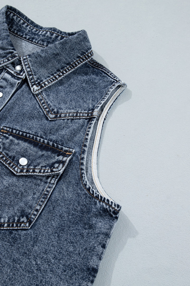 Ashleigh Blue Solid Denim Button Front Pocket Cowboy Vest