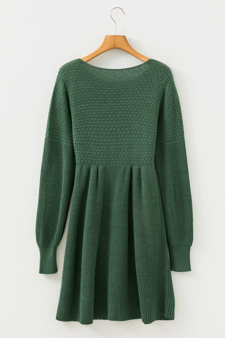 Green Solid Lantern Sleeve Empire Waist Short Sweater Dress