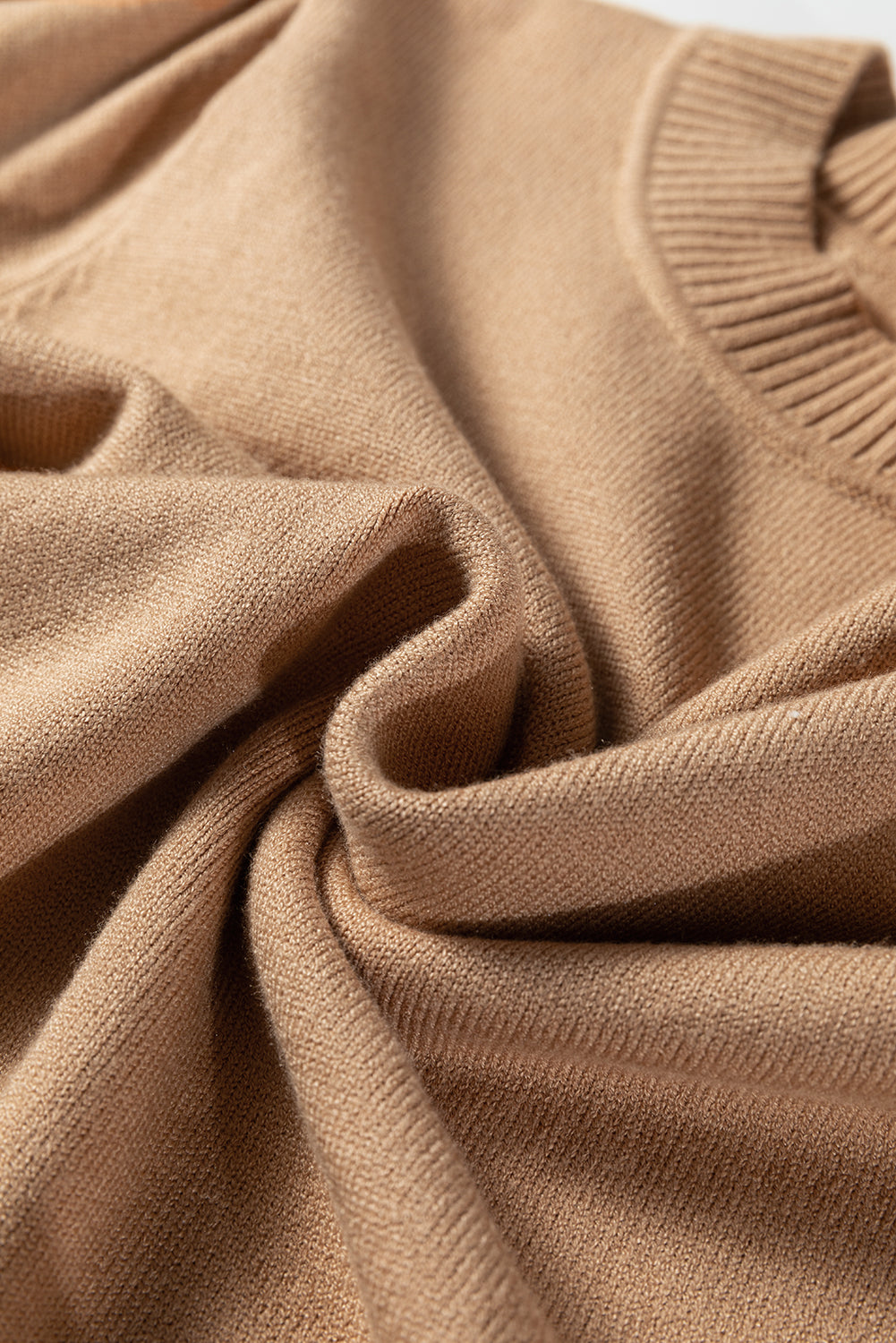 Light French Beige Solid Color Knit Short Puff Sleeve Sweater