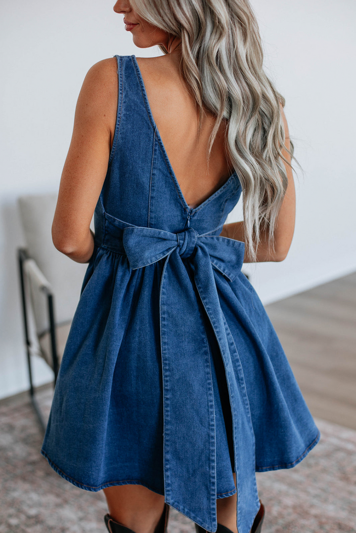 Square Neck Bowknot A-line Sleeveless Denim Dress