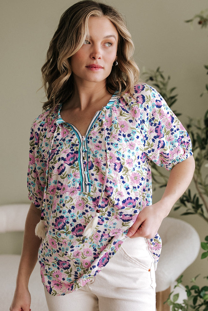 Bohemian Floral V Neck Loose Half Sleeve Blouse