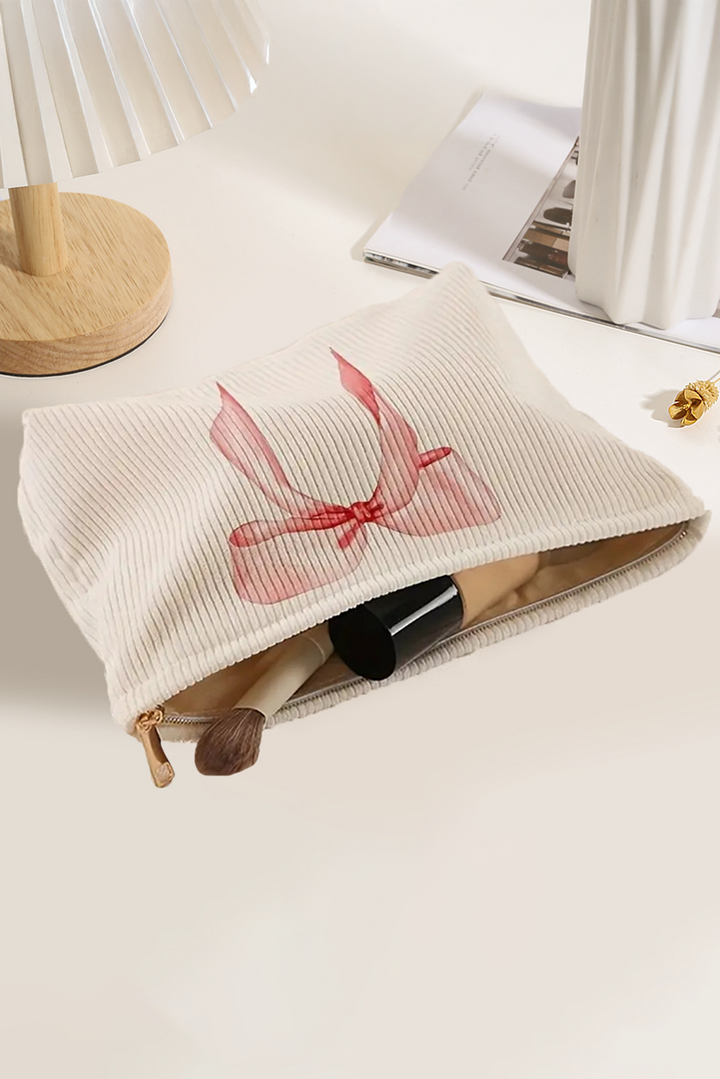 Bowknot Pattern Print Corduroy Zipper Large Cosmetic Bag