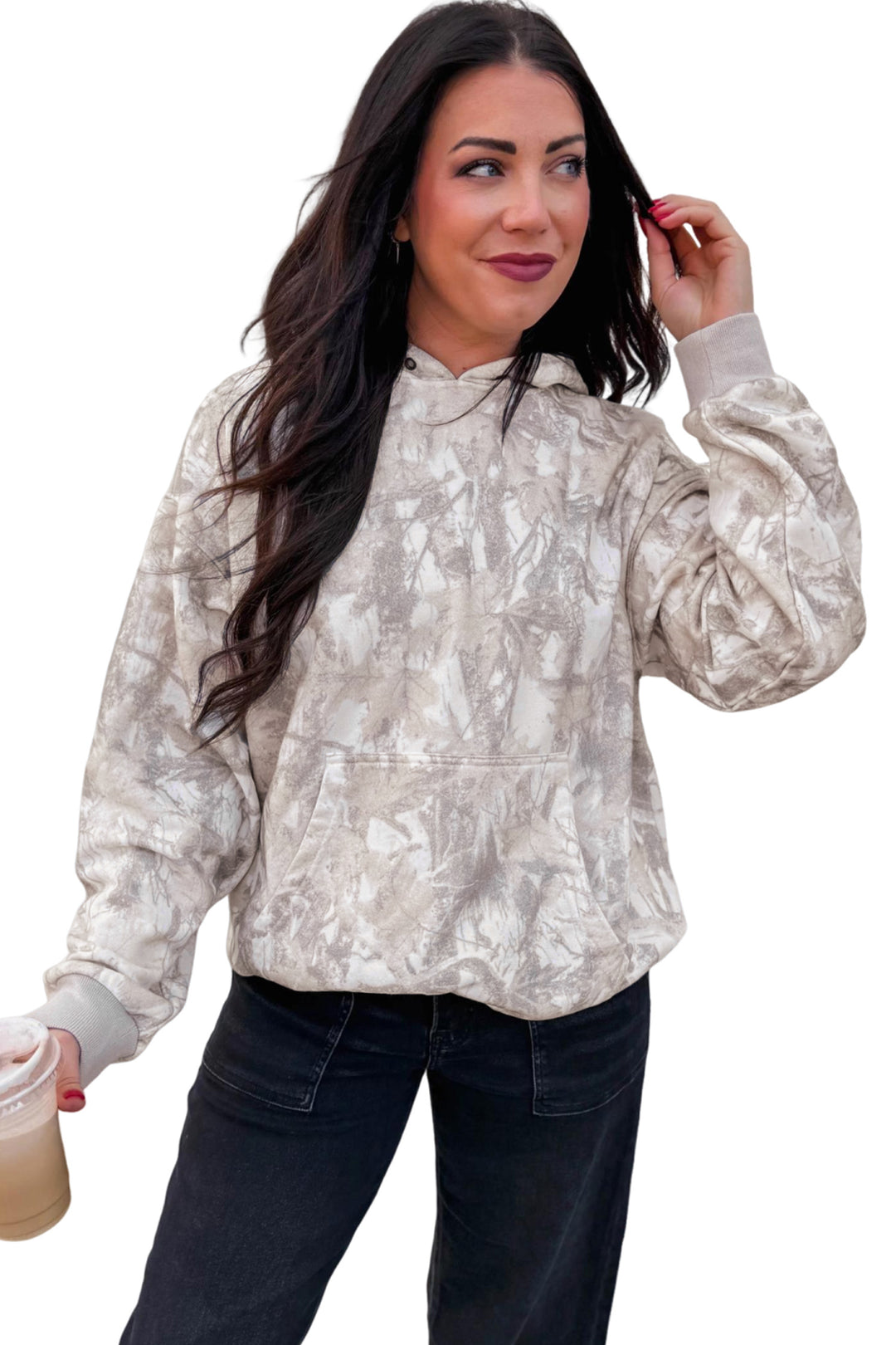 Gray Abstract Print Ribbed Cuffs Hem Long Sleeve Hoodie
